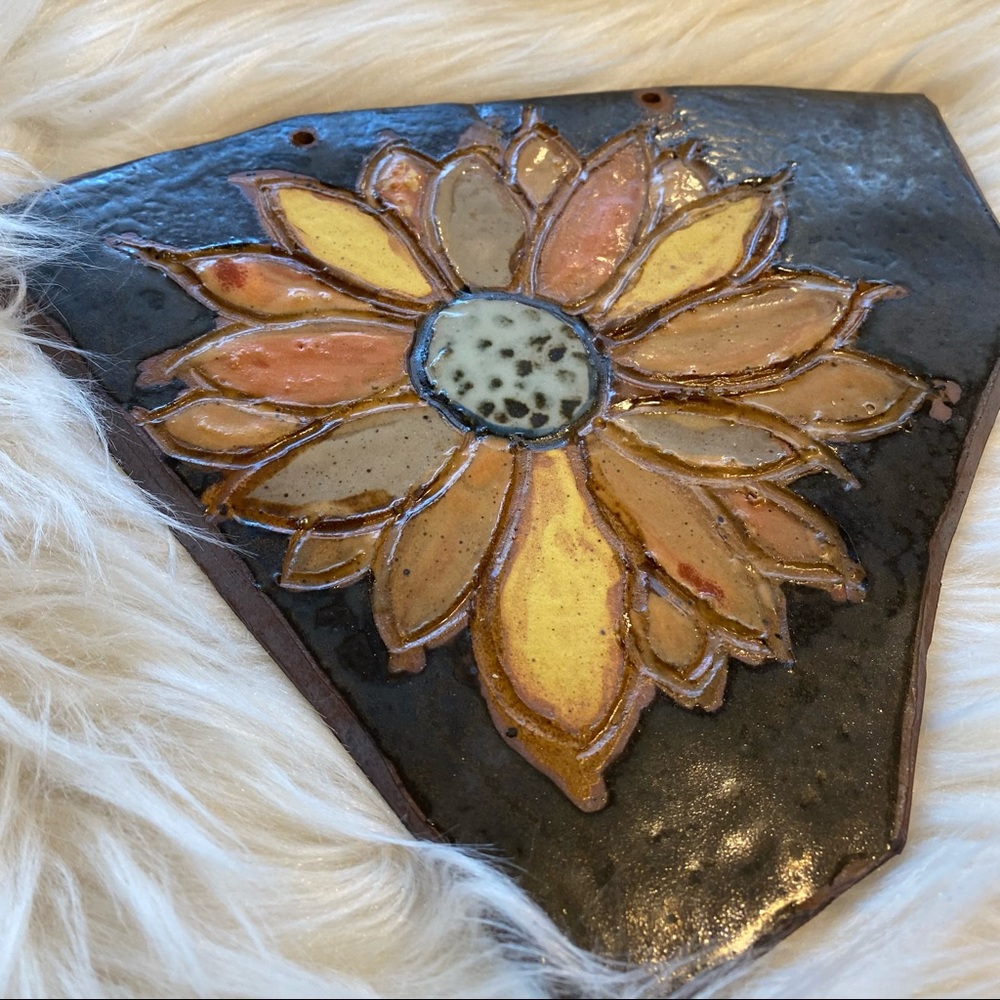 Wall art Artesian Ceramic Sunflower earth tone orange yellow brown on Chocolate - Picture 5 of 8
